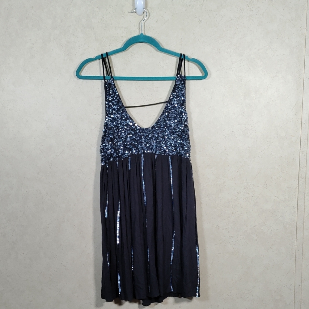 05185 Intimately Free People black Glitter Girl Micro Mini Slip Dress M